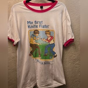 Y2K “My First Knife Fight” Graphic Ringer Tee | Dark Humor Vintage Shirt